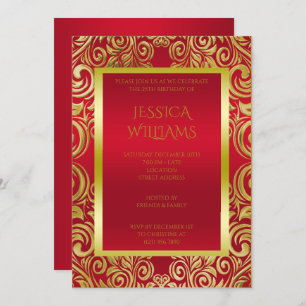 Decorated Gold Swirls & Ruby Red Birthday party Invitation