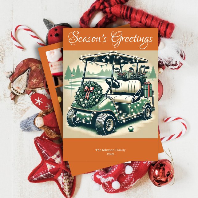 Decorated Golf Cart • Bright Orange Photo Holiday Card (Creator Uploaded)