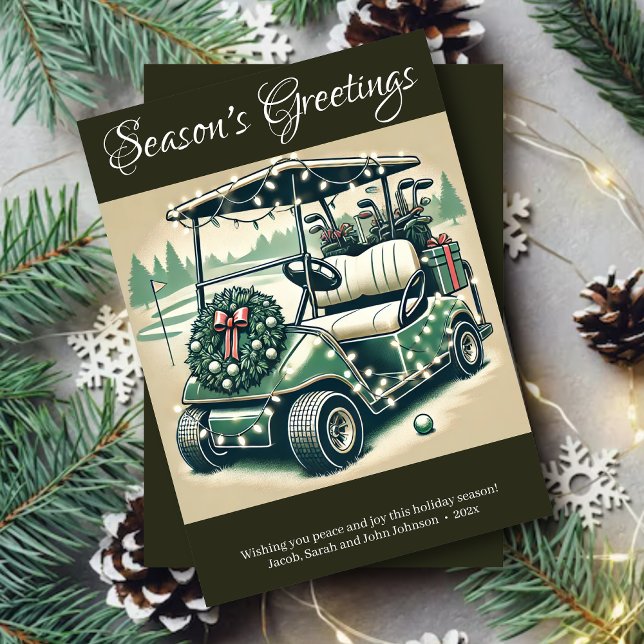 Decorated Golf Cart • Dark Olive Green Holiday Card (Creator Uploaded)