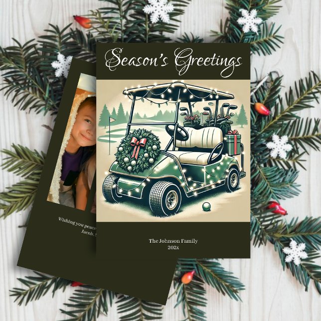 Decorated Golf Cart • Dark Olive Green Photo Holiday Card (Creator Uploaded)