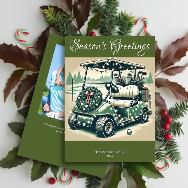 Decorated Golf Cart • Olive Green Photo Holiday Card (Creator Uploaded)