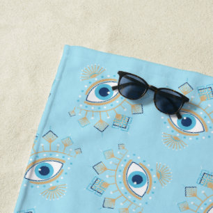 Decorated Greek Evil Eye Turkish Protection Symbol Beach Towel