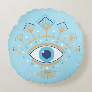 Decorated Greek Evil Eye Turkish Protection Symbol Round Cushion