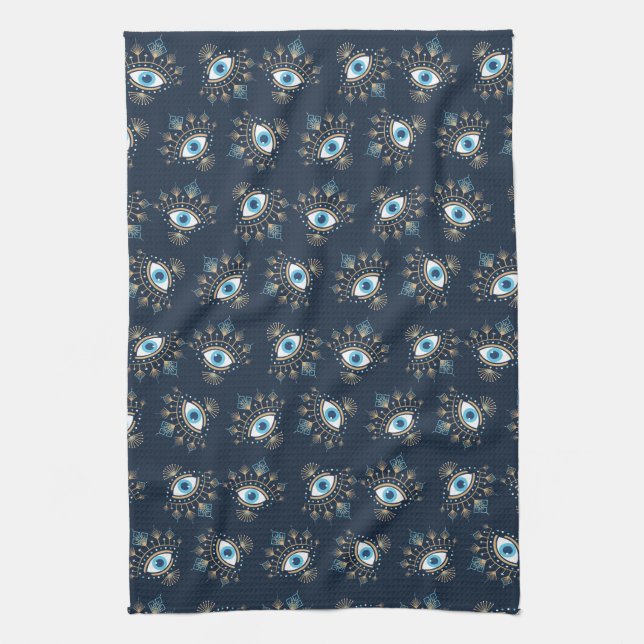 Decorated Greek Evil Eye Turkish Protection Symbol Tea Towel (Vertical)