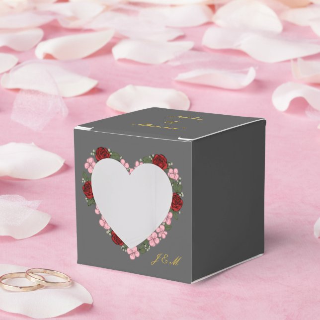 Decorated grey ballottines with a pink heart favour box (Wedding)