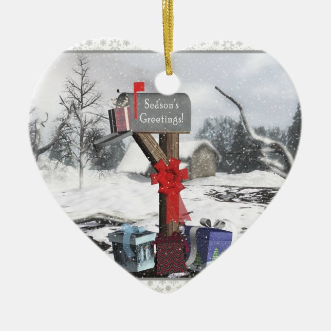 Decorated Mailbox Gifts Snow Scene Heart Ornament (Front)
