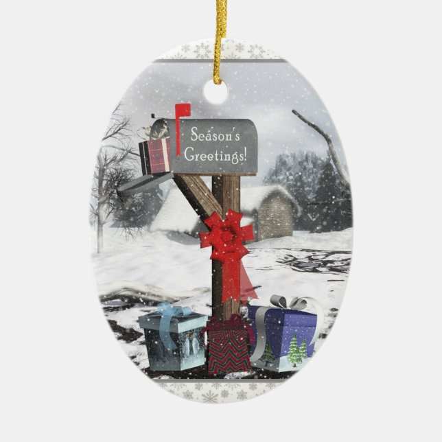 Decorated Mailbox Gifts Winter Scene Oval Ornament (Front)