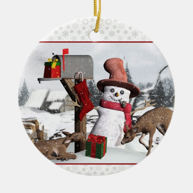 Decorated Mailbox Snowman Deer and Gifts Ornament (Front)