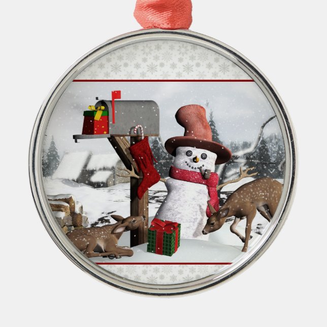 Decorated Mailbox Snowman Deer Silver Ornament (Front)
