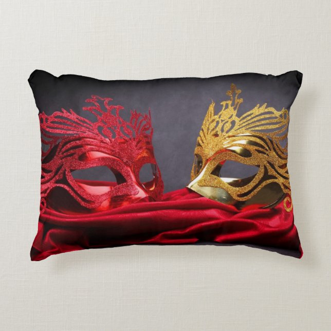 Decorated masquerade mask on red velvet decorative cushion (Front)