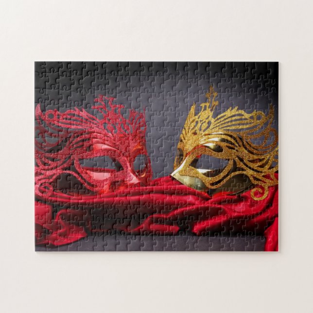 Decorated masquerade mask on red velvet jigsaw puzzle (Horizontal)