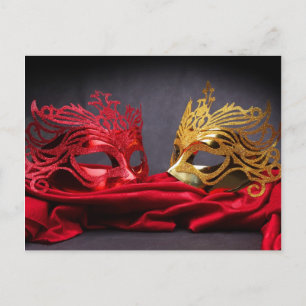 Decorated masquerade mask on red velvet postcard