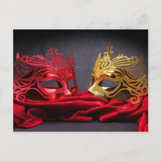 Decorated masquerade mask on red velvet postcard
