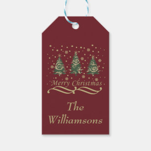 Decorated modern Merry Christmas pine trees Gift Tags