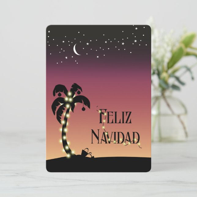 Decorated Palm Night Sky Feliz Navidad Back Photo Holiday Card (Standing Front)