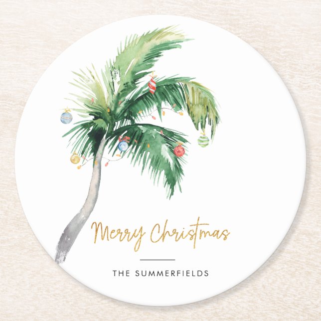 Decorated Palm Tree Christmas Holidays Family Round Paper Coaster (Front)