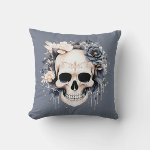 Decorated Skull Blue and White Flowers Halloween Cushion