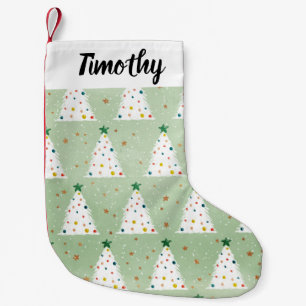 Decorated White Xmas Trees Green Star & Ornaments Small Christmas Stocking