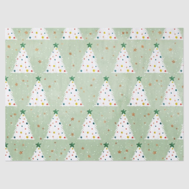 Decorated White Xmas Trees Green Star & Ornaments Tissue Paper (Front)