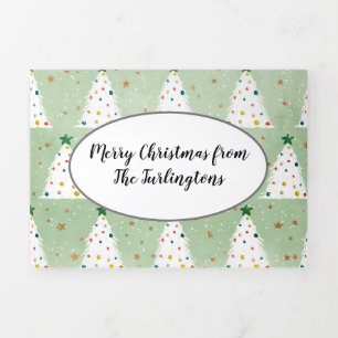 Decorated White Xmas Trees Green Star & Ornaments Tri-Fold Holiday Card