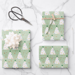 Decorated White Xmas Trees Green Star & Ornaments Wrapping Paper Sheet