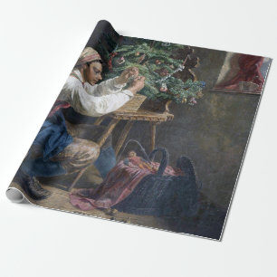 Decorating the Christmas tree vintage painting Wrapping Paper