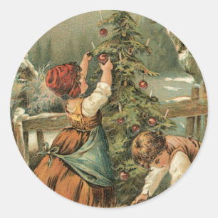 Decorating the Tree Classic Round Sticker