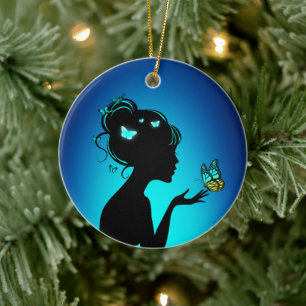 Décoration En Céramique La femme papillons bleues Ceramic Tree Decoration