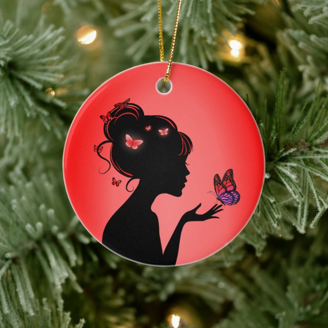 Décoration En Céramique La femme papillons rouges Ceramic Tree Decoration (Tree)