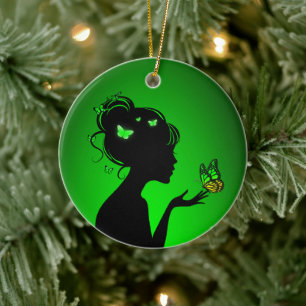 Décoration En Céramique La femme papillons verts Ceramic Tree Decoration
