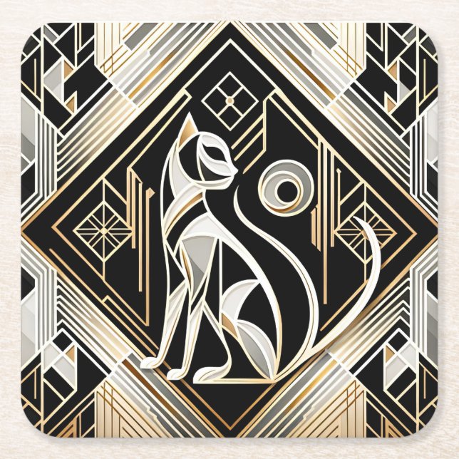 Decorative Abstract Black Cat Paper Coaster (Front)