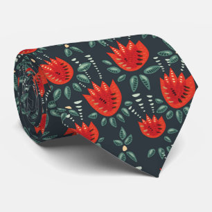 Decorative Abstract Red Tulip Dark Floral Pattern Tie