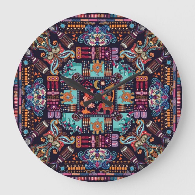 Decorative animals: colourful ethnic design. large clock (Front)