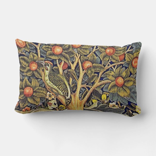 Decorative Art Blue Green Bird Tree Foliage Flower Lumbar Cushion (Back)