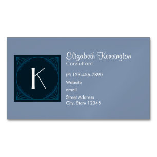 Decorative Art Deco Blue Square Monogram Magnetic Business Card