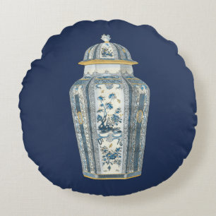 Decorative Asian Urn in Blue & White Round Cushion