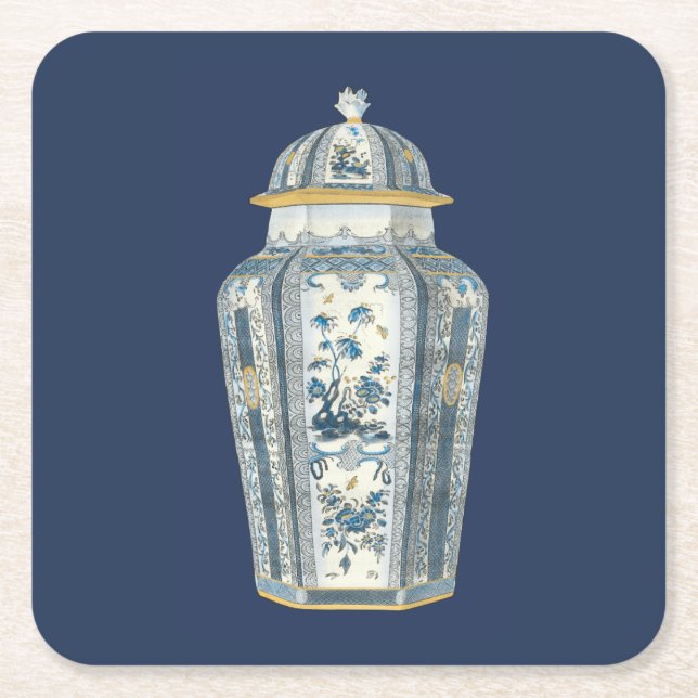 Decorative Asian Urn in Blue & White Square Paper Coaster (Front)