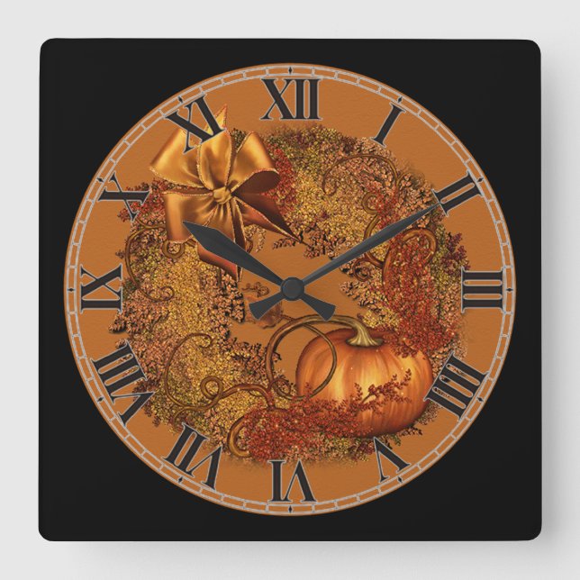 Decorative Autumn Pumpkin Wreath Square Wall Clock (Front)