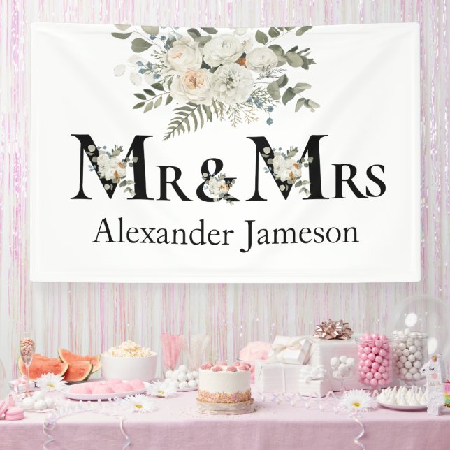 Decorative Beautiful White Floral Mr & Mrs Wedding Banner (Party)