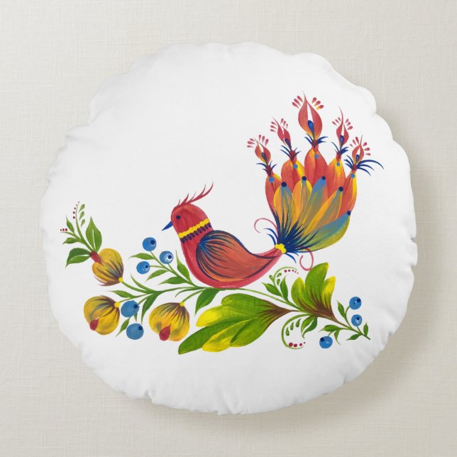 Decorative Bird with Flowers & Berries Round Cushion (Front)