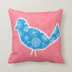 Decorative Bird with Patterns on Pink Background Cushion