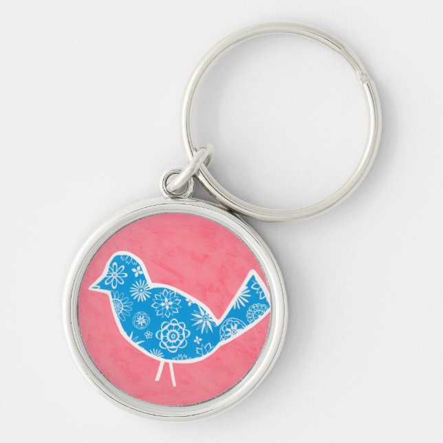 Decorative Bird with Patterns on Pink Background Key Ring (Front)