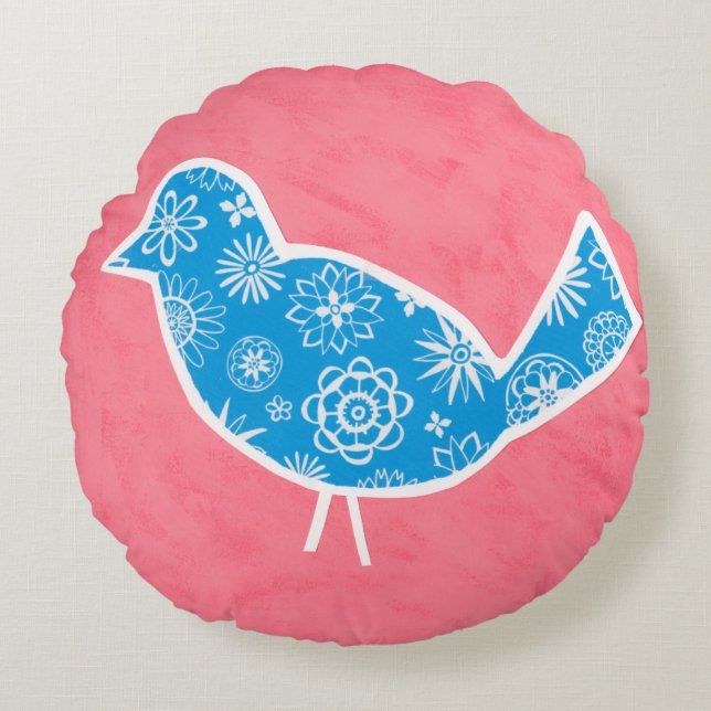 Decorative Bird with Patterns on Pink Background Round Cushion (Front)