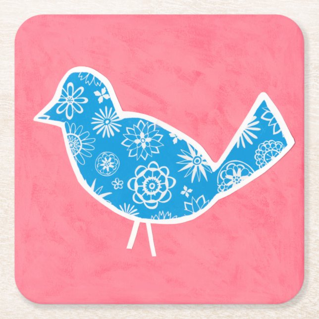 Decorative Bird with Patterns on Pink Background Square Paper Coaster (Front)