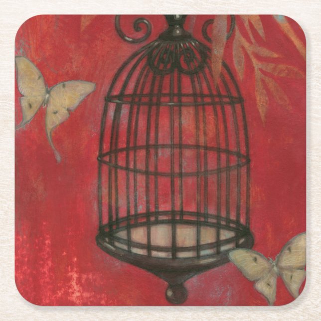 Decorative Birdcage with Butterflies Square Paper Coaster (Front)