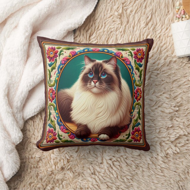 Decorative Birman Cat Colourful Flowers Border Cushion (Blanket)
