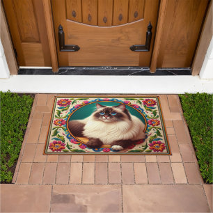 Decorative Birman Cat Colourful Flowers Border Doormat