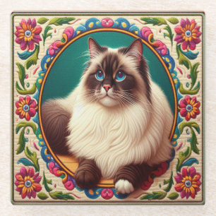 Decorative Birman Cat Colourful Flowers Border Glass Coaster