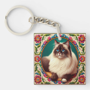 Decorative Birman Cat Colourful Flowers Border Key Ring