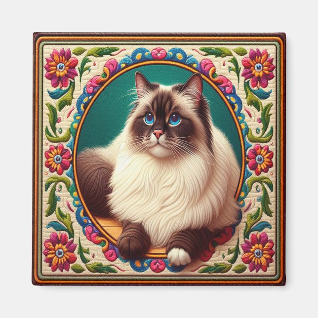 Decorative Birman Cat Colourful Flowers Border Magnet (Front)